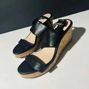 Vince Camuto black leather cork wedges womens Size 6 US